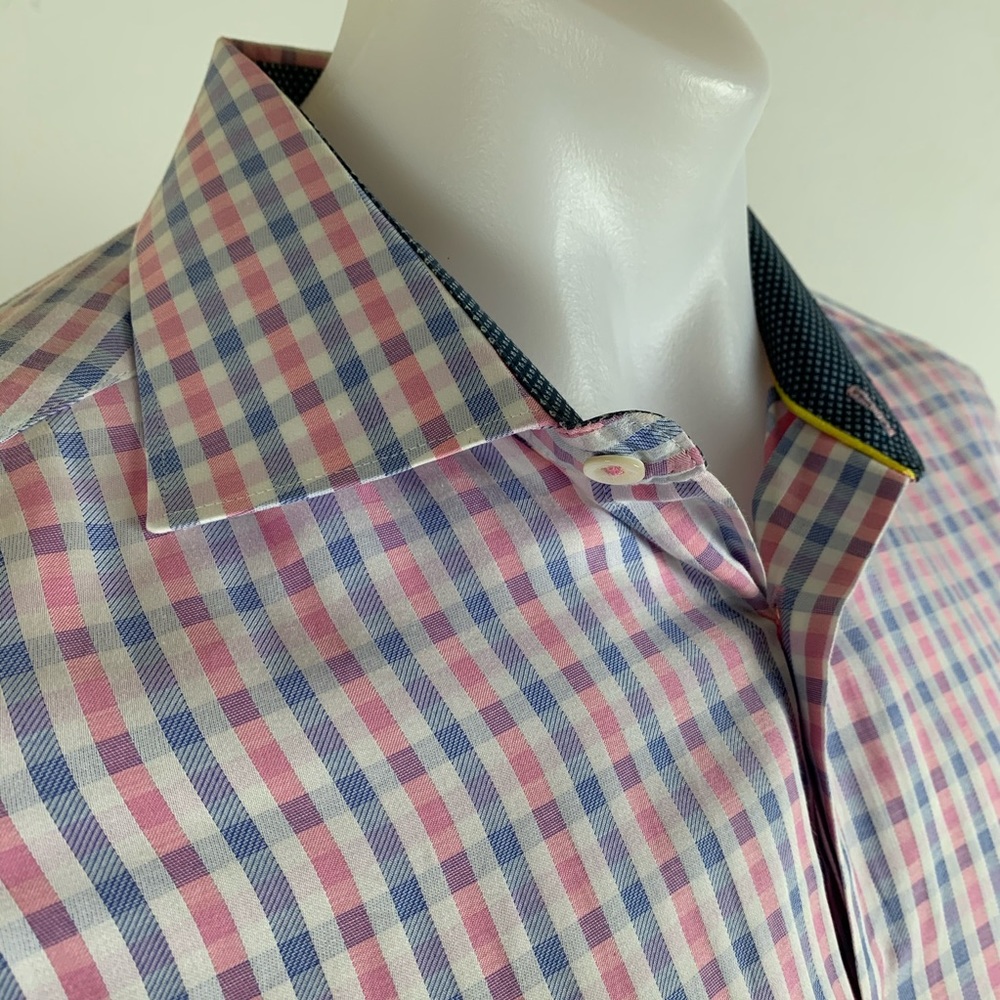 Bugatchi Men’s Button-Down Flip Cuff Shirt Size L Pink & Blue